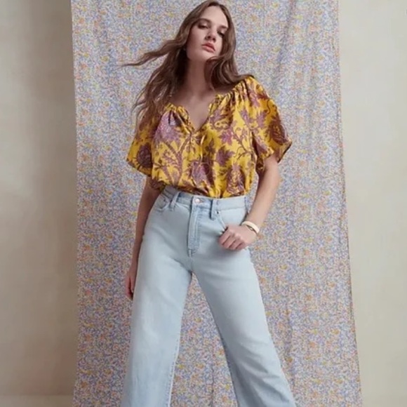 J. Crew Collection Tie-Neck Cotton Poplin Top Ratti Golden Yellow Paisley - Picture 2 of 8